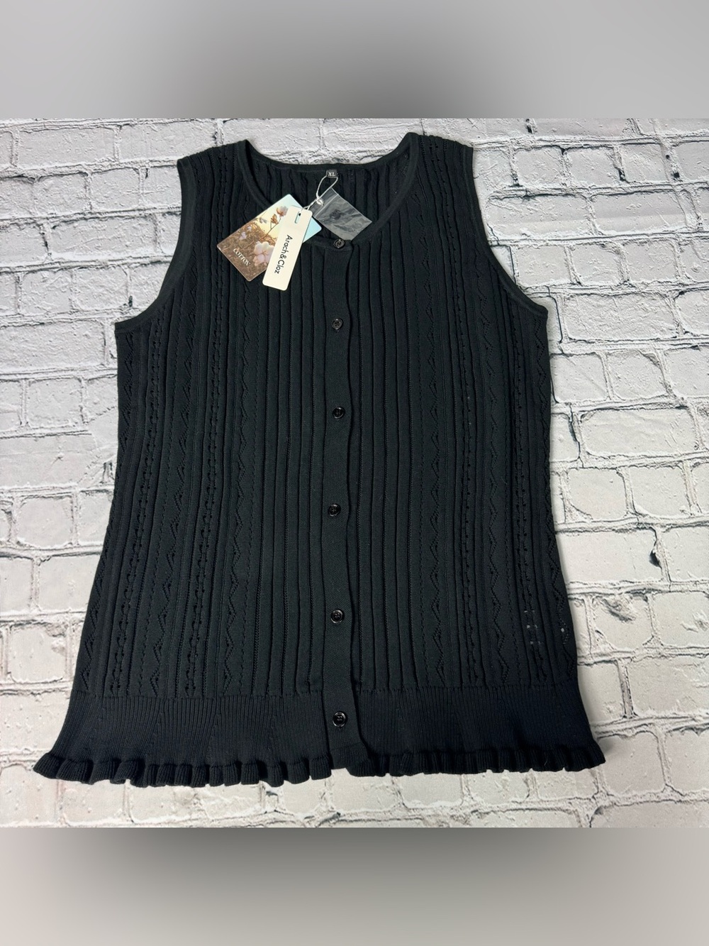 Arach & Cloz NWT 100% Cotton Black Knit Button Front Sleeveless Cardigan Size XL